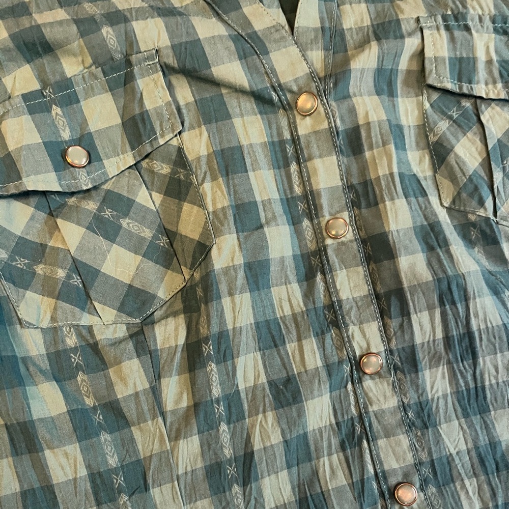 a.n.a Teal & Blue Green Checkered Snap Button-Down Country Western Shirt - Picture 12 of 12